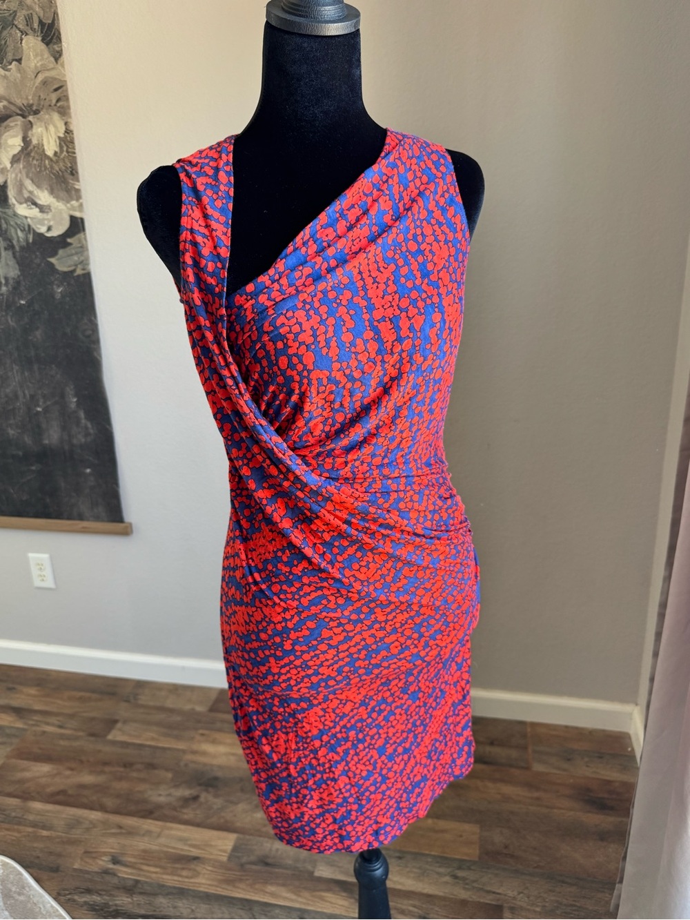 Halston Heritage One-Shoulder Red and Blue Printed Sheath Dress
